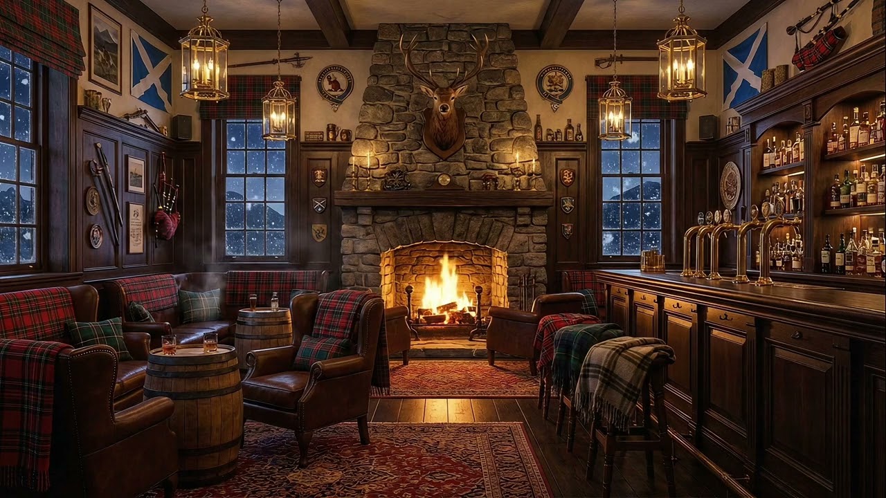 Scottish Highland Pub Ambience 🏴🔥 Cozy Fireplace, Bagpipes & Celtic Music for Relaxing