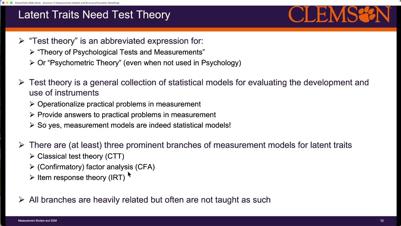 Multivariate Modeling Methods: Intro to Measurement and Structural Equation Models (Lecture 11)