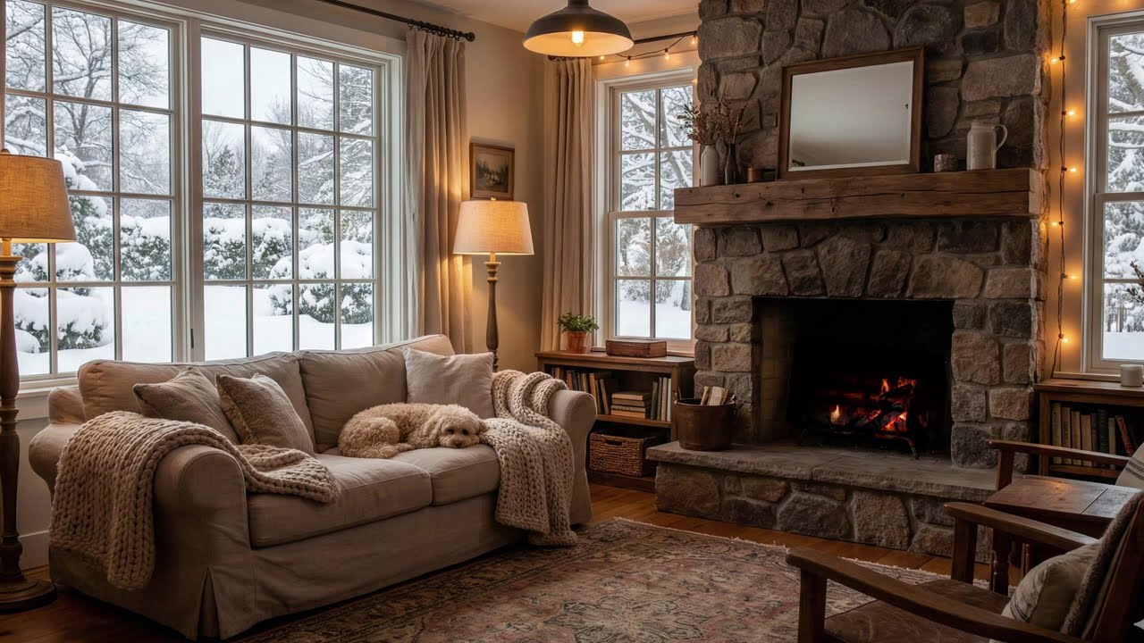 Cozy Winter Cabin Ambience ❄️🔥 | Snowfall, Fireplace & Sleeping Dog | Pure Ambiance 4K