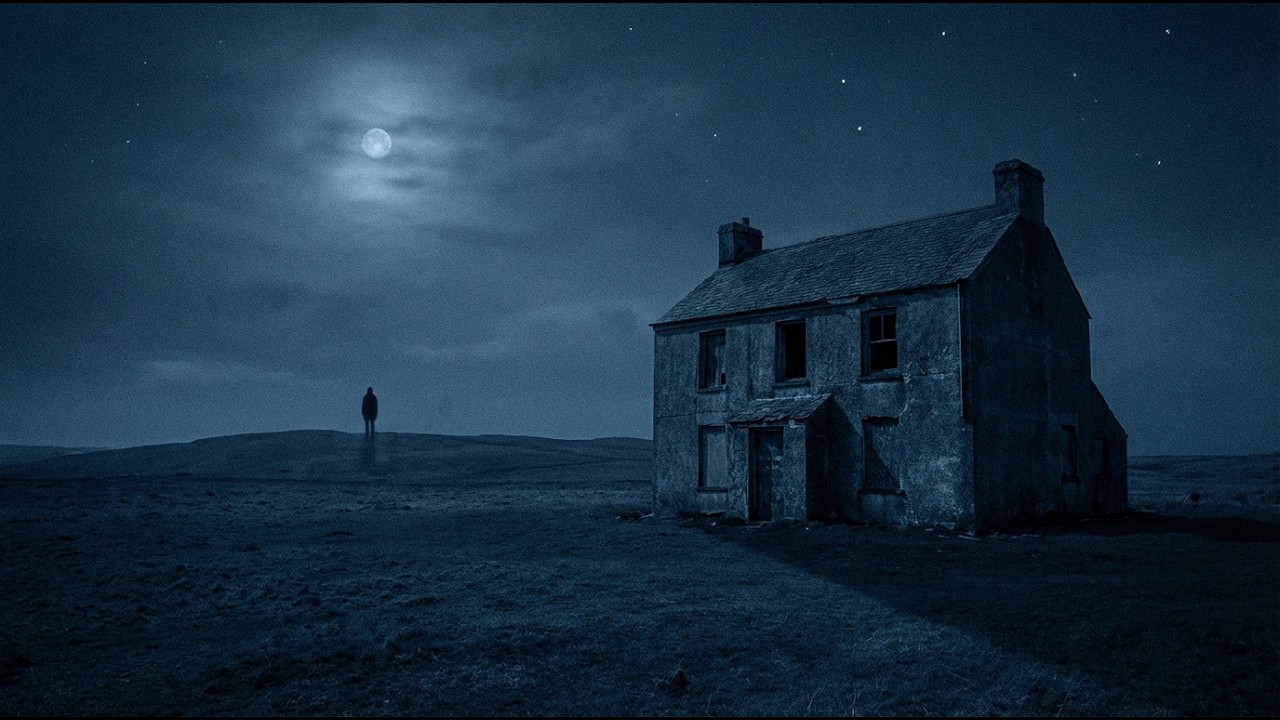 abandoned house at midnight.