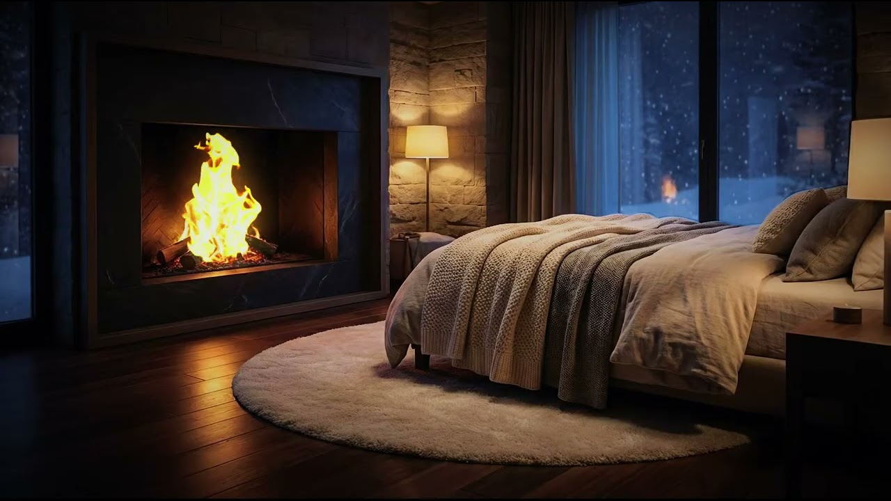 cozy bedroom fireplace with snow outside ❄️ relaxing winter night ambience for deep slee