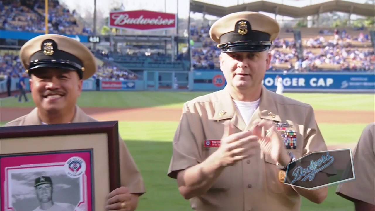 Ron Fairly receiving Bob Feller award 2016 Dodger Stadium