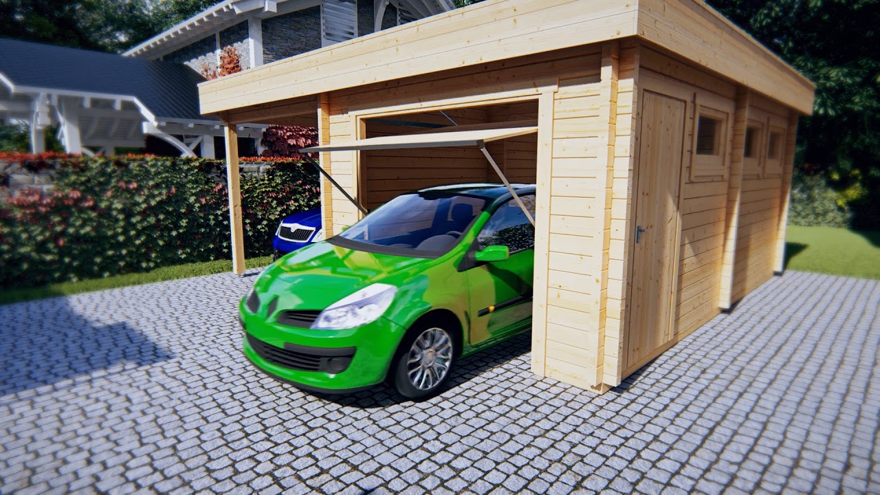 Autotalli ylöspäin aukeavalla ovella + Autokatos