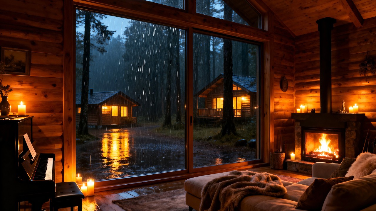 🎹 Ночь 🌧️🔥 в домике в дождливом лесу Уютное пианино Джаз у камина