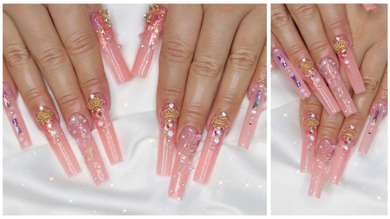 ✨XL Peachy Glitter Bling Acrylic Gel Hybrid Coffin Nails Tutorial✨