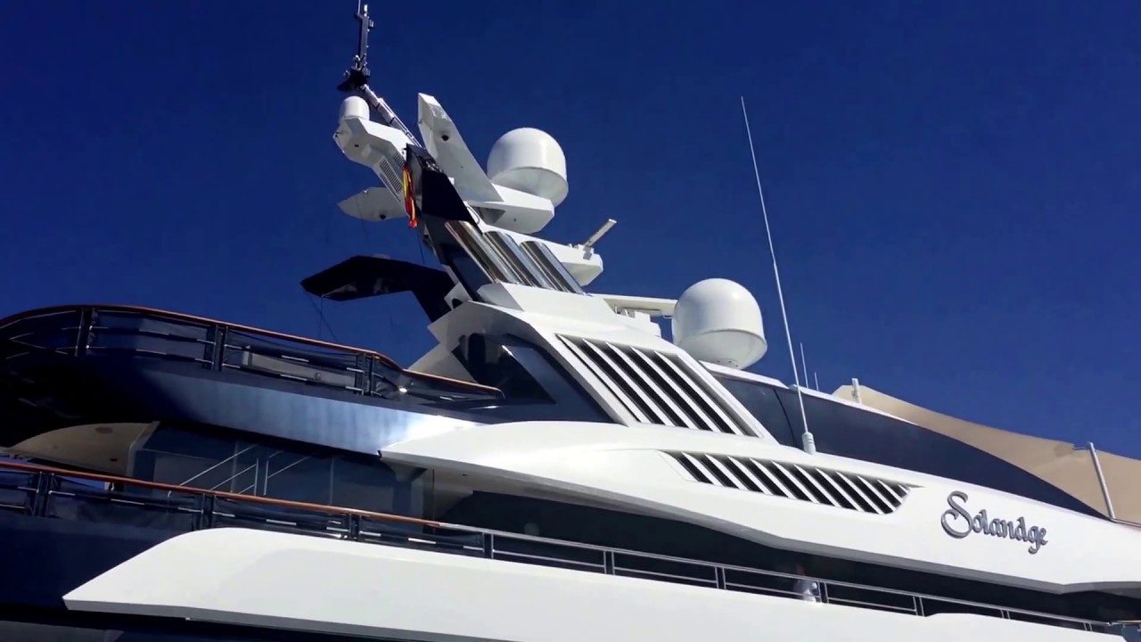 Solandge 85m Saudi Royal yacht leaving Puerto Banus port reversing out largest yacht ever in Marina