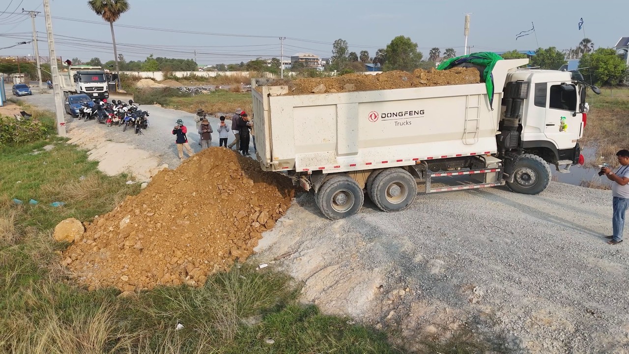 Good job!! Skilled Using DONGFENG Trucks 10-Wheel Unloading Rock Filling Lake SHANTUI C3 Push Rock.