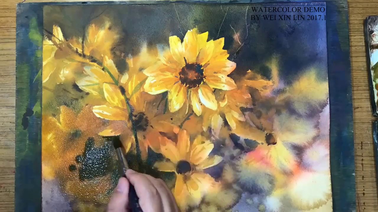 WEI XIN LIN Watercolor Demo 水彩示範 菊與水漬 2017.1