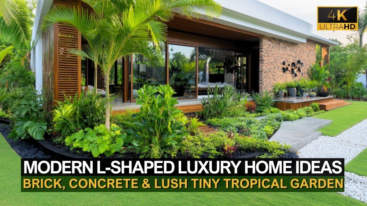 Modern L-Shaped Luxury Homes with Brick, Concrete & Lush Tiny Tropical Garden Ideas
