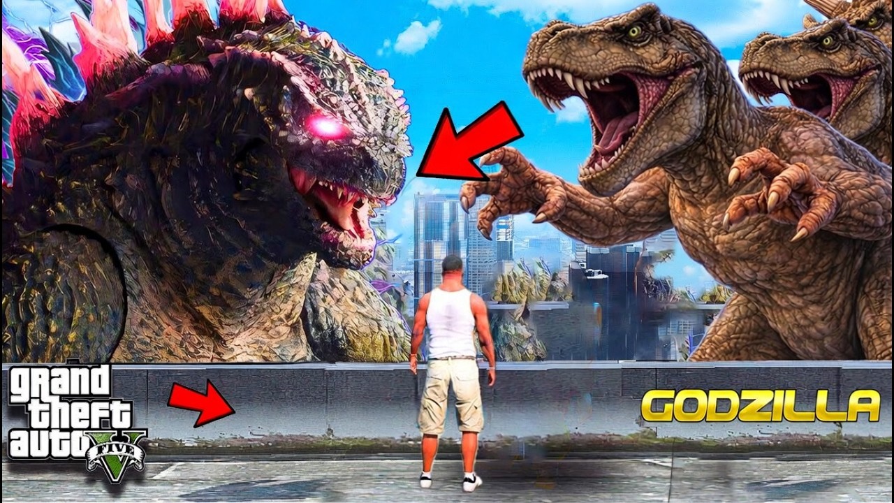 GTA V : Franklin & Shinchan Escaping From Godzilla VS T REX Dinosaur Attack Epic Fight in GTA 5