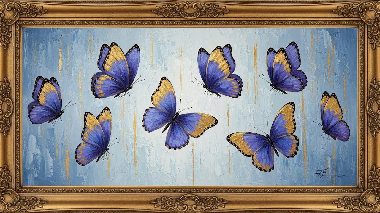 Frame TV Art: Blue & Gold Butterflies on Textured Canvas | 4K Ambient Art