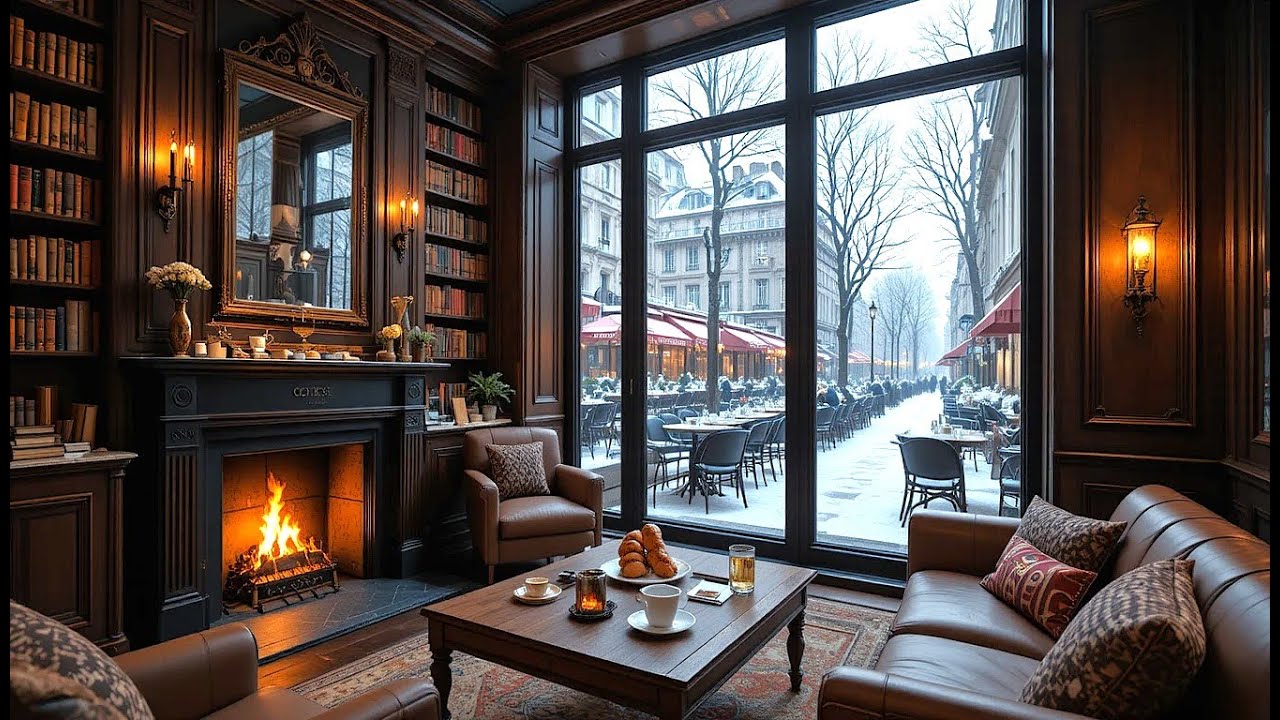 Quiet Winter Coffee Shop ☕❄️ Smooth Jazz Music & Crackling Fireplace (for Relaxation / Study)