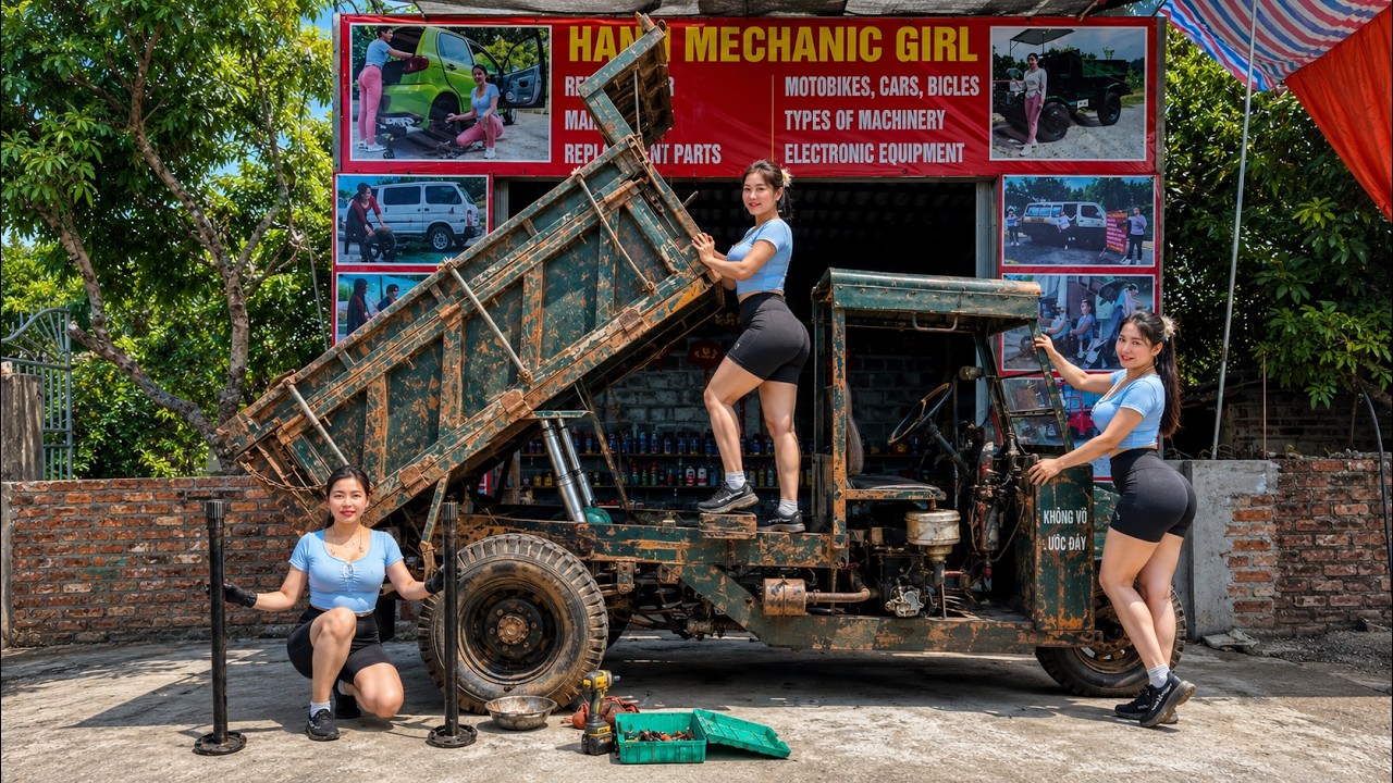 Genius girl: Cleaning and maintaining old, abandoned three-wheeled farm vehicles.🛠