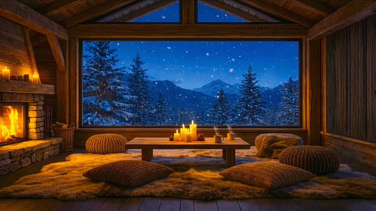 Cozy Evening Cabin | Soft Piano Melodies & Crackling Fire | Gentle Snow View & Warm Dessert Vibes