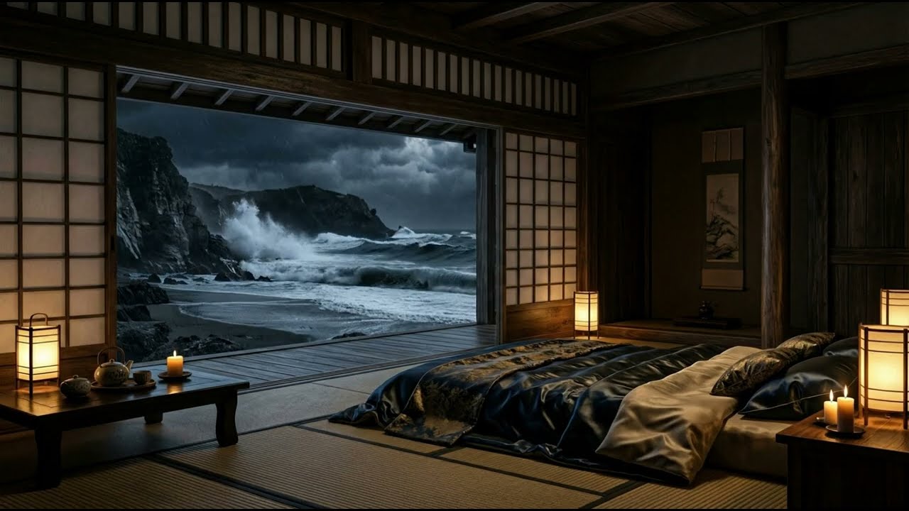 Rainy Night by the Sea in Japan: Ryokan Ocean Breeze & Rain Sounds for Deep Sleep | 10 Hours