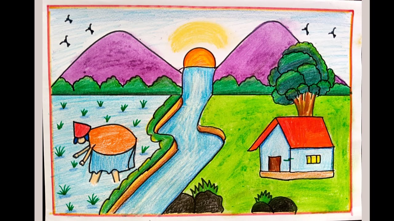 Paddy field drawing easy | Farmer drawing | Easy Village scenery drawing | House drawing  | Nature 