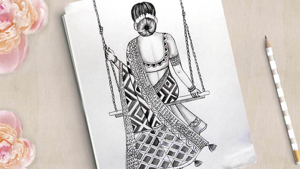 How to draw Beautiful Traditional Girl on Swing || Saree Girl on Swing || Girl Drawing