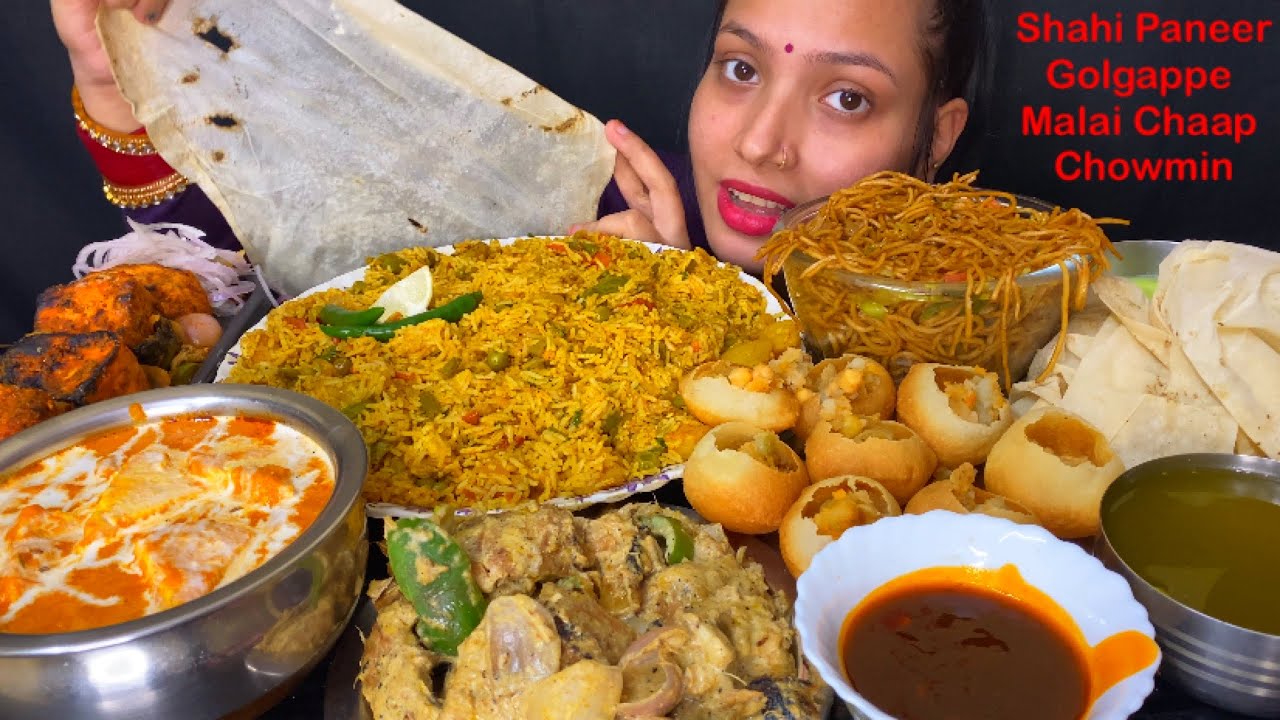 Eating Veg Pulao, Shahi Paneer, Malai Chaap, 🔥 Paneer Tikka, Golgappe, Rumali Roti, Veg 🍜Chowmin