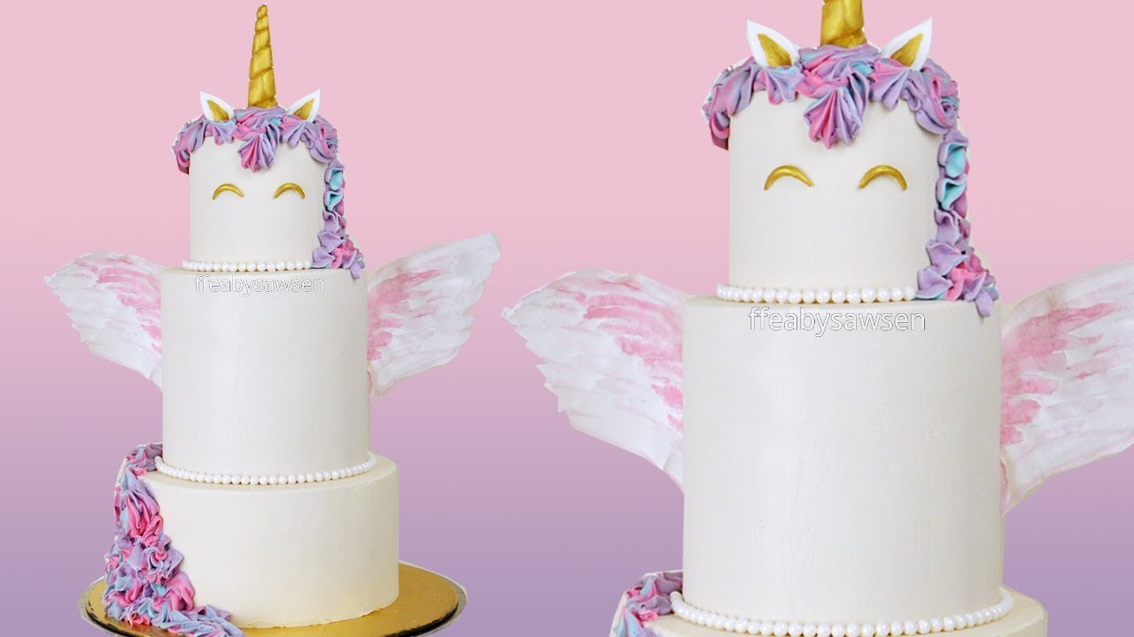Tiered unicorn cake with wafer wings - buttercream cake decorating tutorial