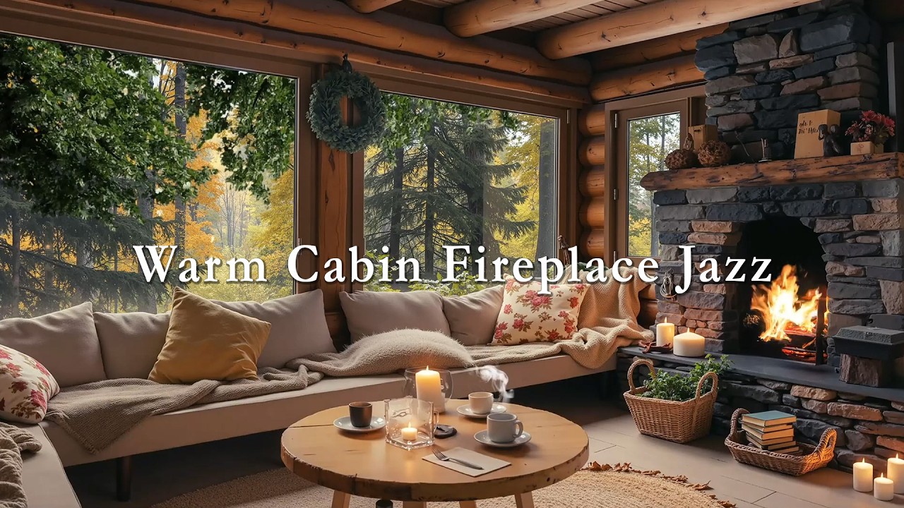 Warm Cabin Fireplace Jazz ☕ Peaceful Forest Views & Cozy Relaxing Ambience