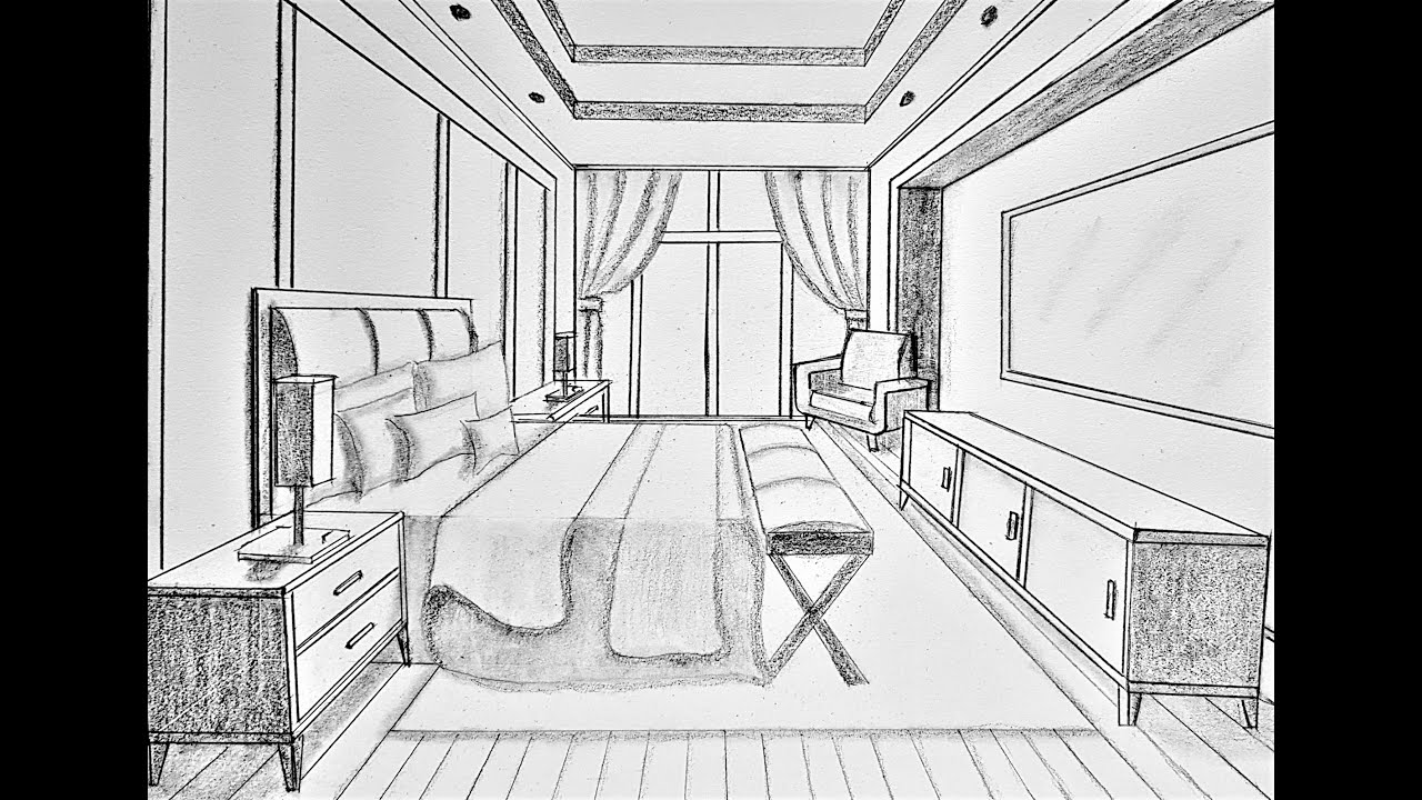 How to draw a bedroom in one point perspective