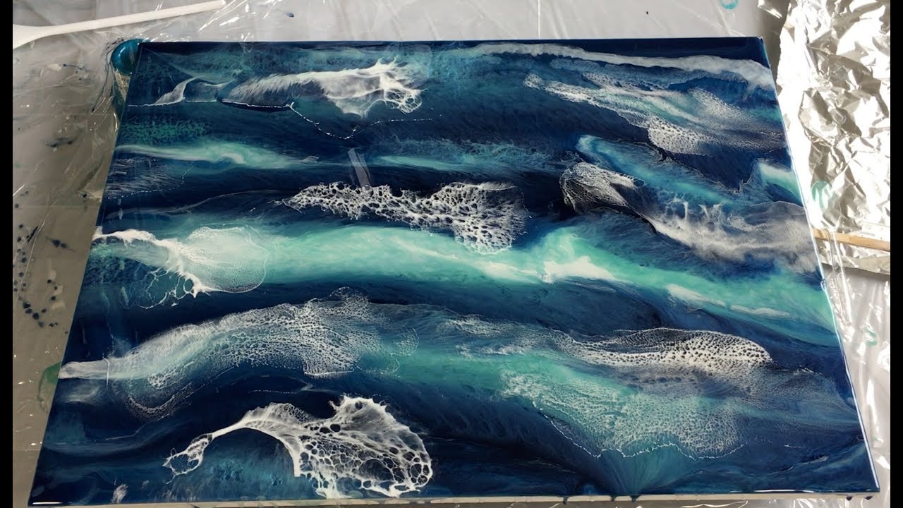 THE SEA // Resin Art with Pigments, Pebeo Paint and Alcohol Ink on Wood Panel