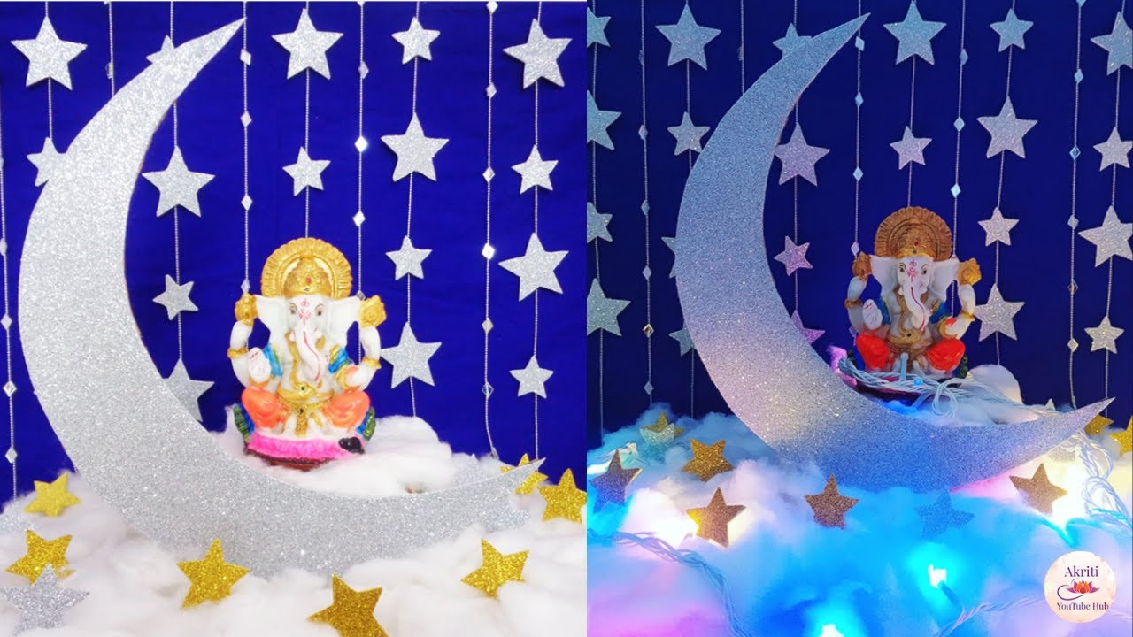 Ganpati Decoration Idea at Home|Moon,Stars & Clouds Theme Ganpati Decoration|DIY|Eco-friendly Makhar