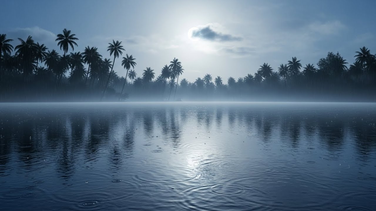 Moonlit Lakeside Rain Ambience 🌙 Gentle Night Rain, Calm Water Ripples & Palm Silhouettes (4K)