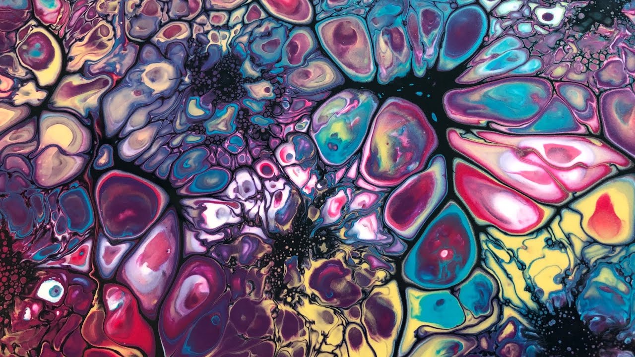 Acrylic pouring: magnificent  gems and cluster cells created with a navy swipe, vibrant colours