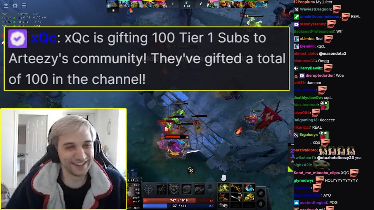 xQc gifted 100 subs to Arteezy's PMA community