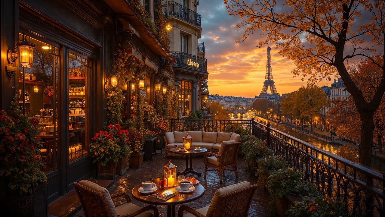 Calm Autumn Jazz Evening in Paris 🍂 Balcony Caf&eacute; Ambience ~ Relaxing Jazz Music for Study & Focus