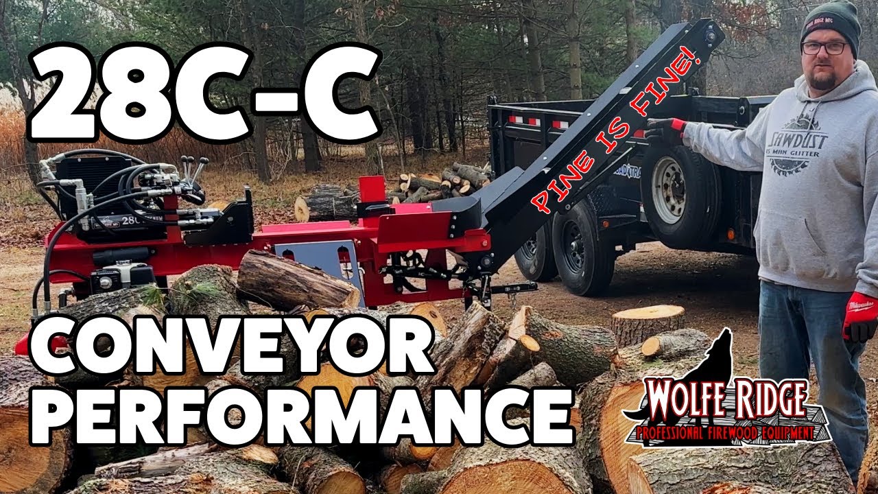 Опция приставного конвейера для компактных коммерческих дровоколов 28C и 35C от Wolfe Ridge