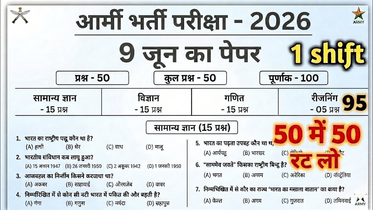 Army Agniveer 9 June 2026 Real Exam Paper |  | army 9 june army paper | all Shift paper analysis 
