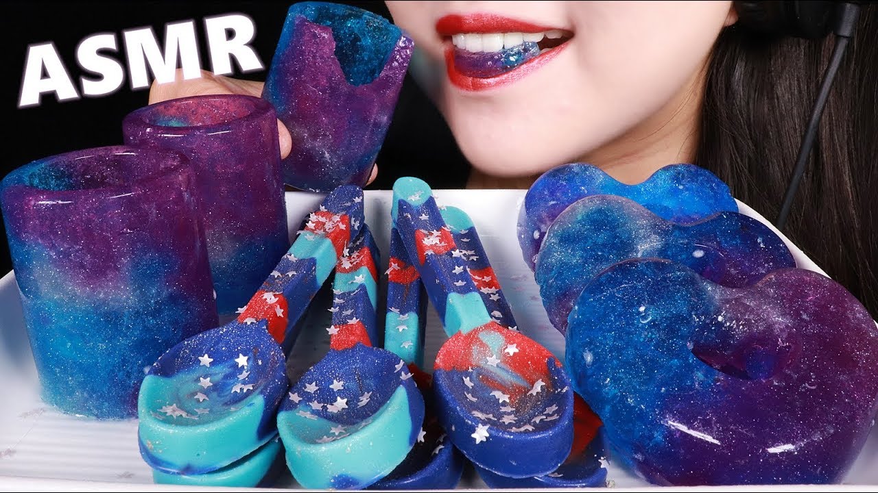 ASMR EATING SOUNDS Galaxy Edible Shot Glasses (Jello) Spoons, donuts 젤리 먹방 JELLY MUKBANG ゼリーを食べる 咀嚼音