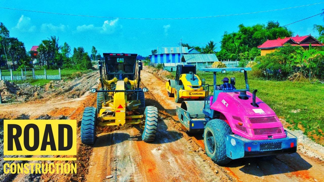 Powerful Road Construction Process  Grader and Roller Working Together