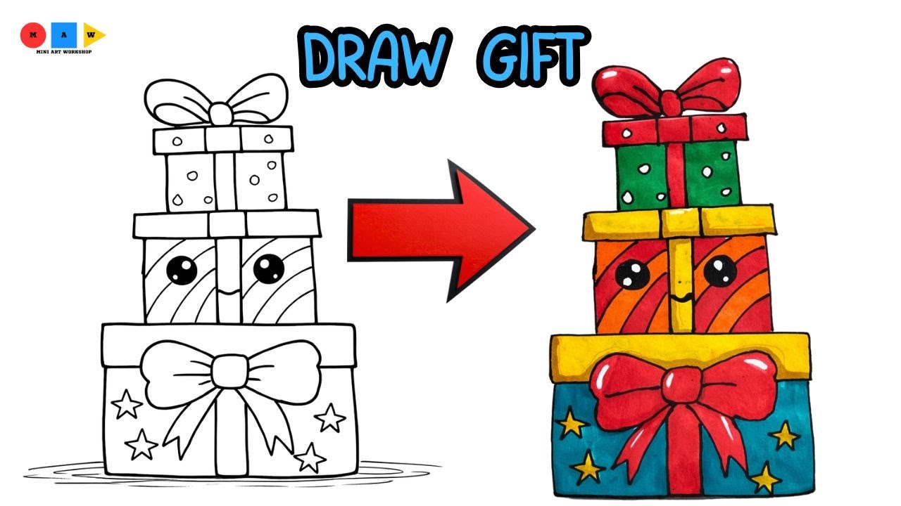Draw Christmas Gift 🎁 Cute And Easy Coloring | Step By Step For Kids | Mini Art Workshop