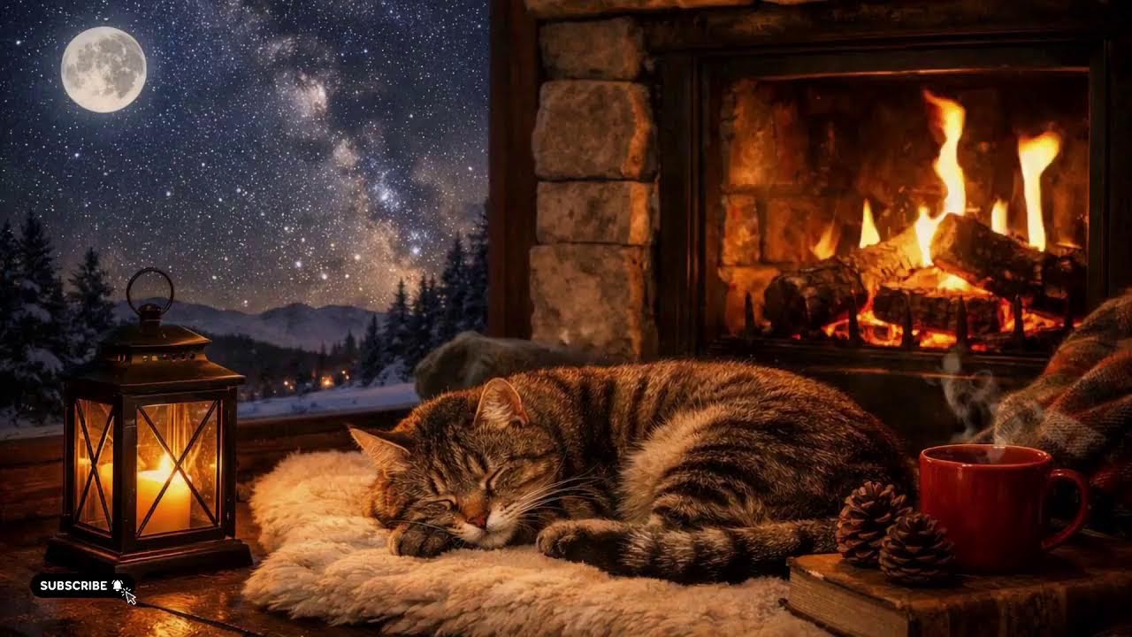 Cozy Fireplace Night 🐾 Sleeping Cat Breathing ASMR | Relaxing Loop Under the Stars
