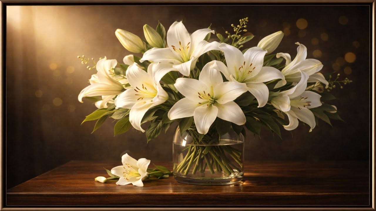 Golden Lily I 🌼 | Timeless White Lilies in Golden Light | 4K Framed Floral Art