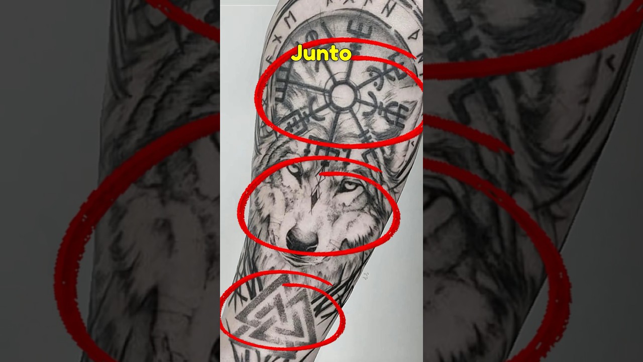 Jun&ccedil;&atilde;o de lobo com valknut e vegvisir - Significados de tatuagens#vikings #nordico #tattoo #tatuagem