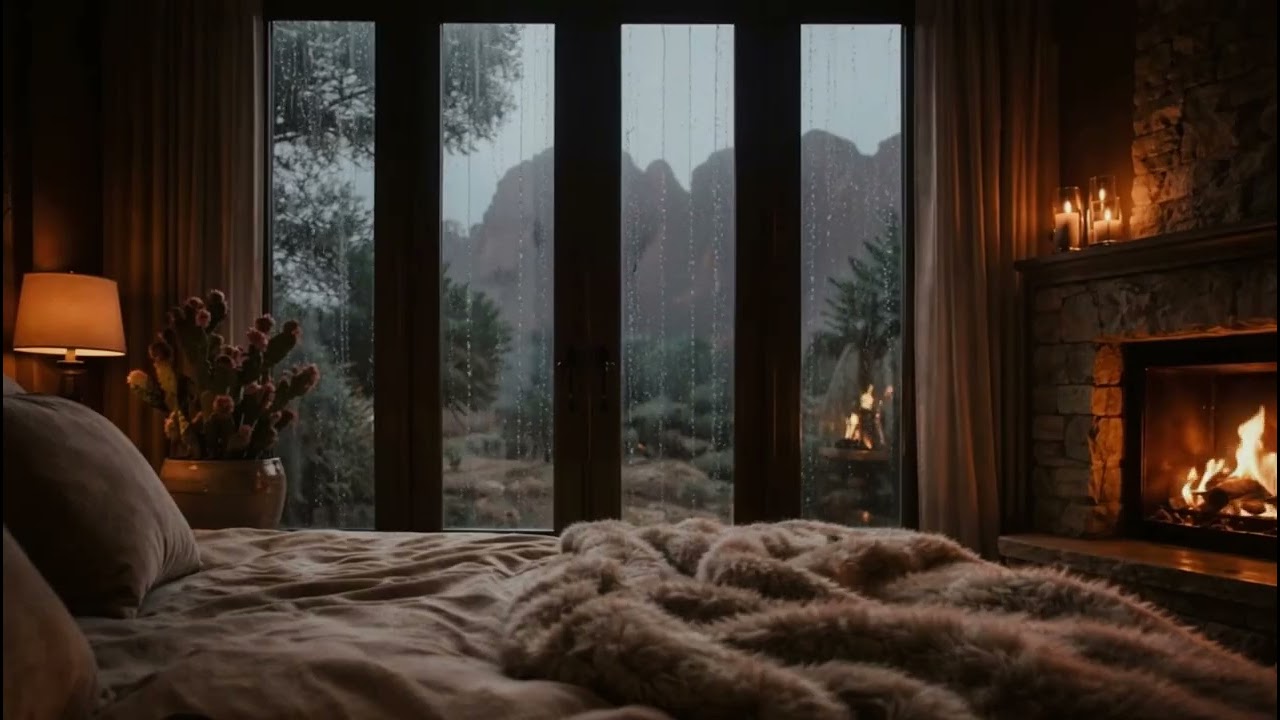 Cozy Bedroom + Fireplace | Rain & Occasional Thunder Ambience | Relax or Sleep (7 Hours)