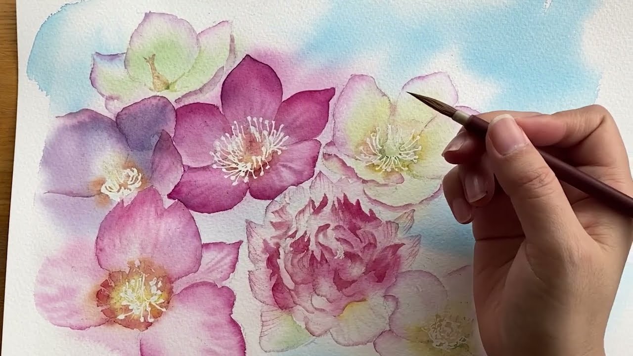 Harusaki  Watercolor　水盤に浮かぶクリスマスローズ　春崎陽子