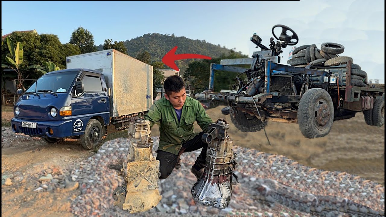 Replace the gearbox from the abandoned truck at the scrapyard to the truck with a broken gearbox