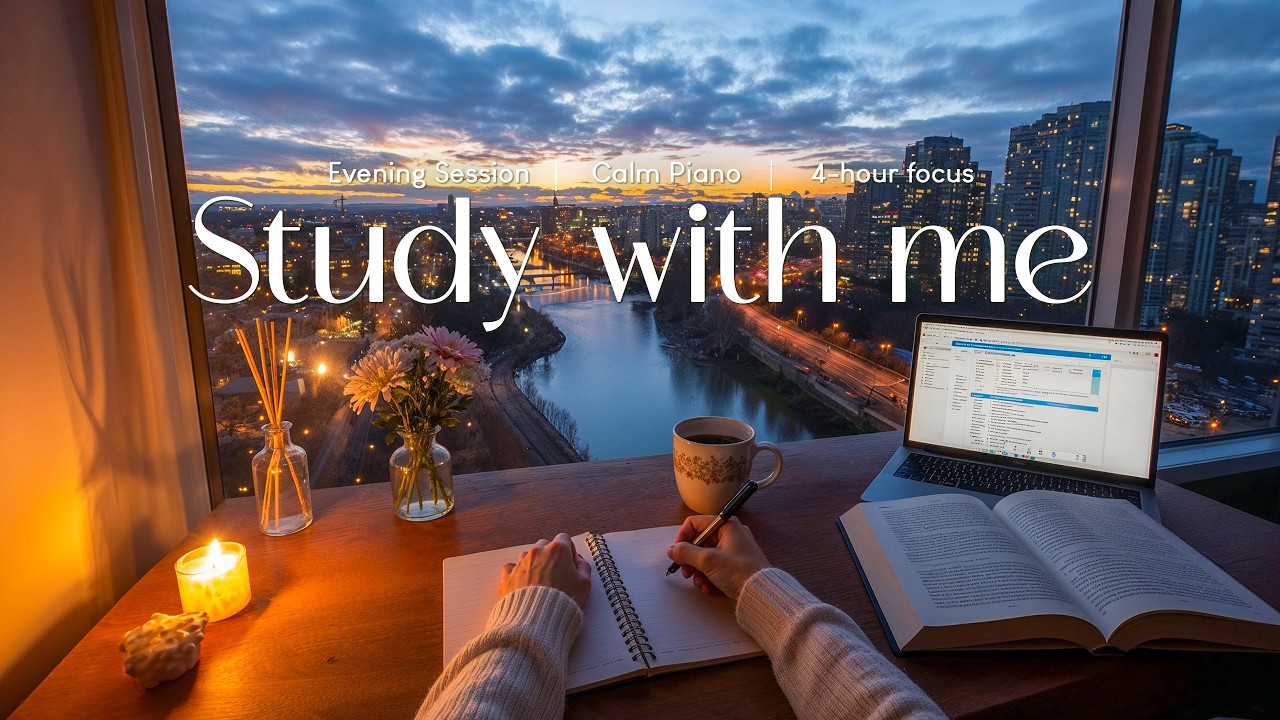 4-HOUR STUDY WITH ME 📖 Evening Session 🌙 Calm Piano & Night Ambience 🌃 Pomodoro 60/10