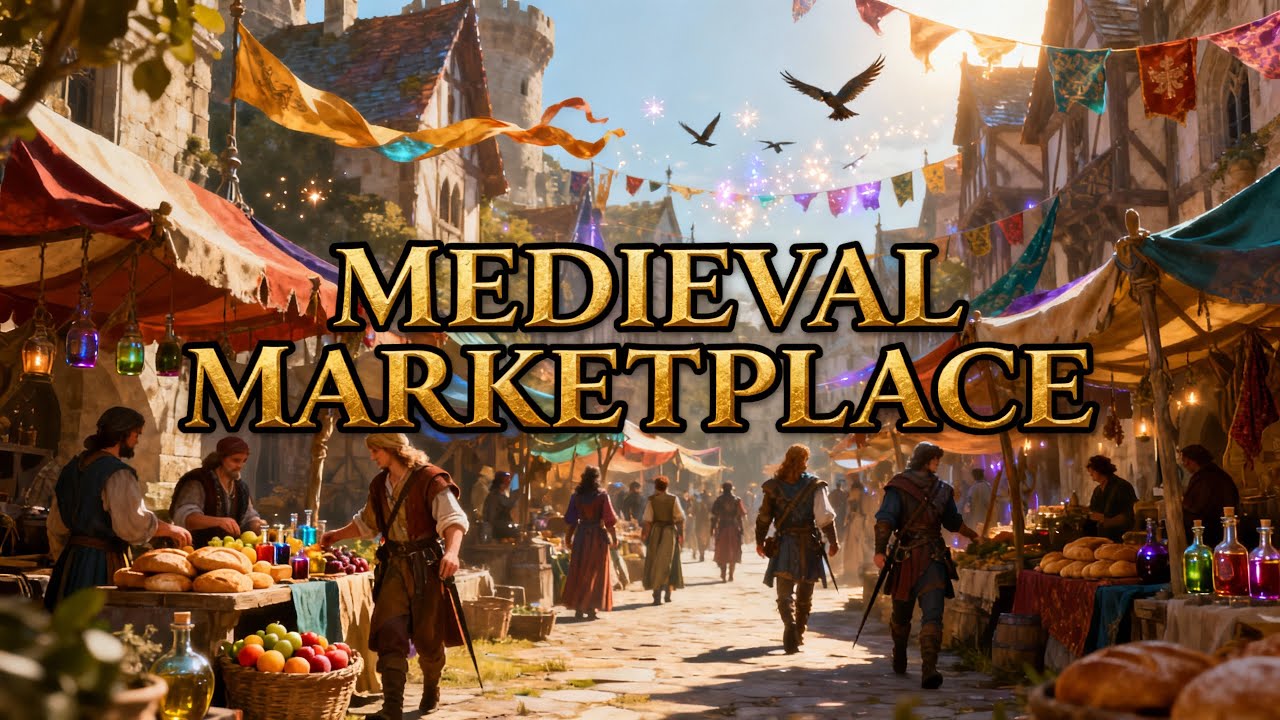 Bustling Medieval Market | Traditional Folk Music and Merchant Atmosphere