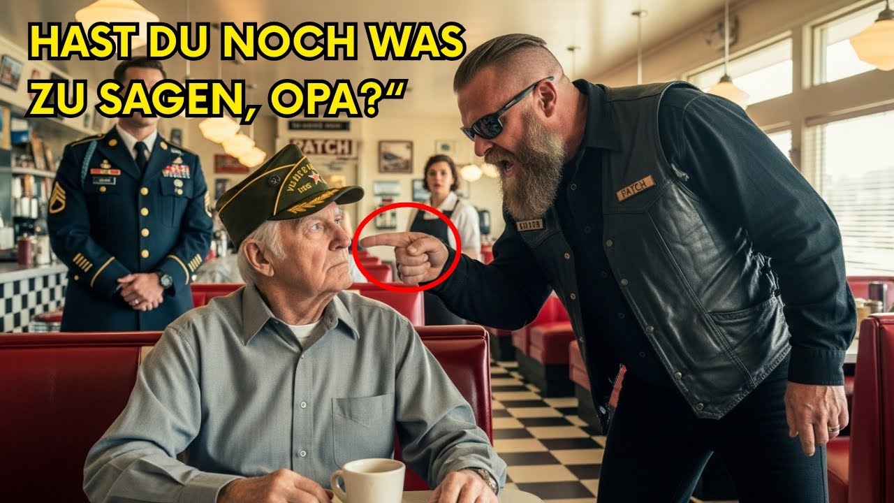Ein Biker Beleidigt 76-Jährigen Veteran im Diner — Minuten Später Taucht Sein Sohn mit der Armee Auf