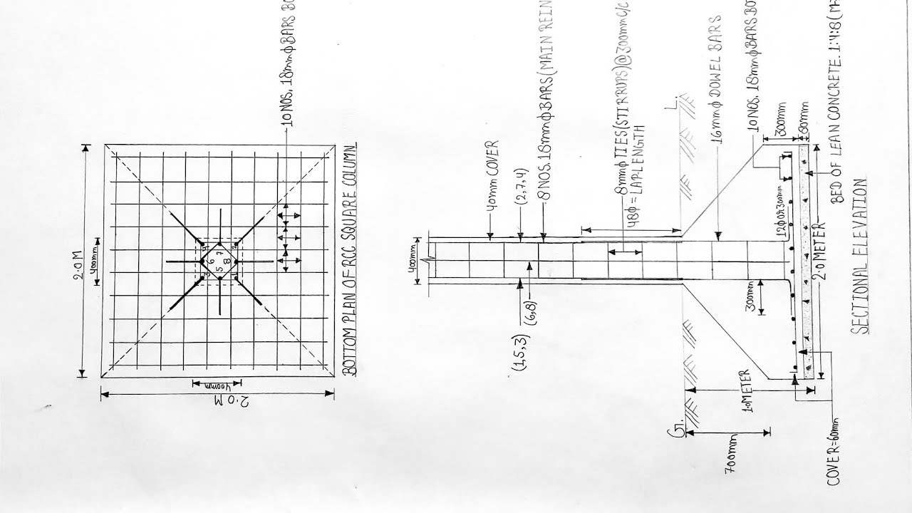 Square Column Footing Drawing | Tapered Footing Column Drawing | Sectional Elevation | Plan