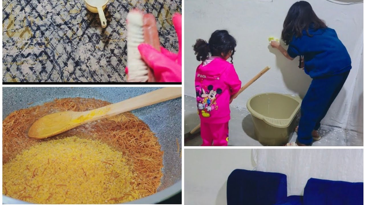 تعزيل الصالون مع سجاد🧽. قبل العيد.🍬.وتجهيز الافطار 🧅🥬🧂 ديكور جديد للصالون 😍 💫