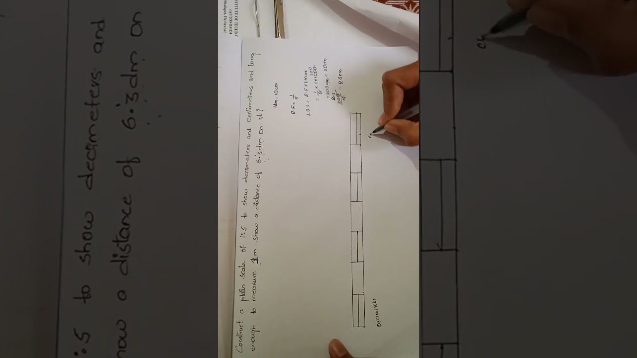 Construct a plain scale of 1:5 to show decimeters and centimeters and long enough to measure upto 1m