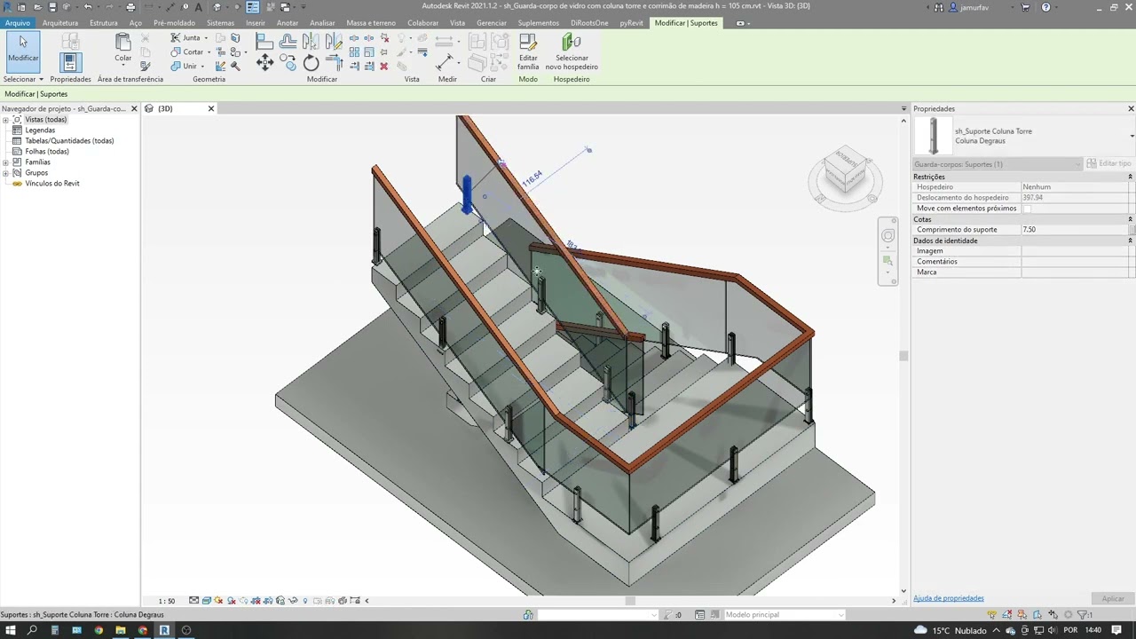 Guarda-corpo de vidro com coluna torre Bimstorehouse no Revit