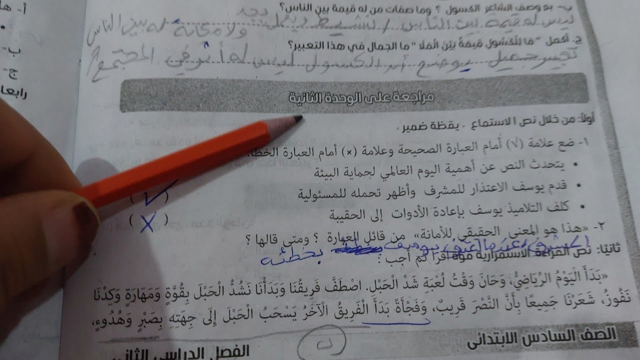 حل صفحة 40 و 41 و42 مراجعة على الوحدة الثانية كتاب الأداءات والتقييمات للصف السادس لغة عربية الترم2 